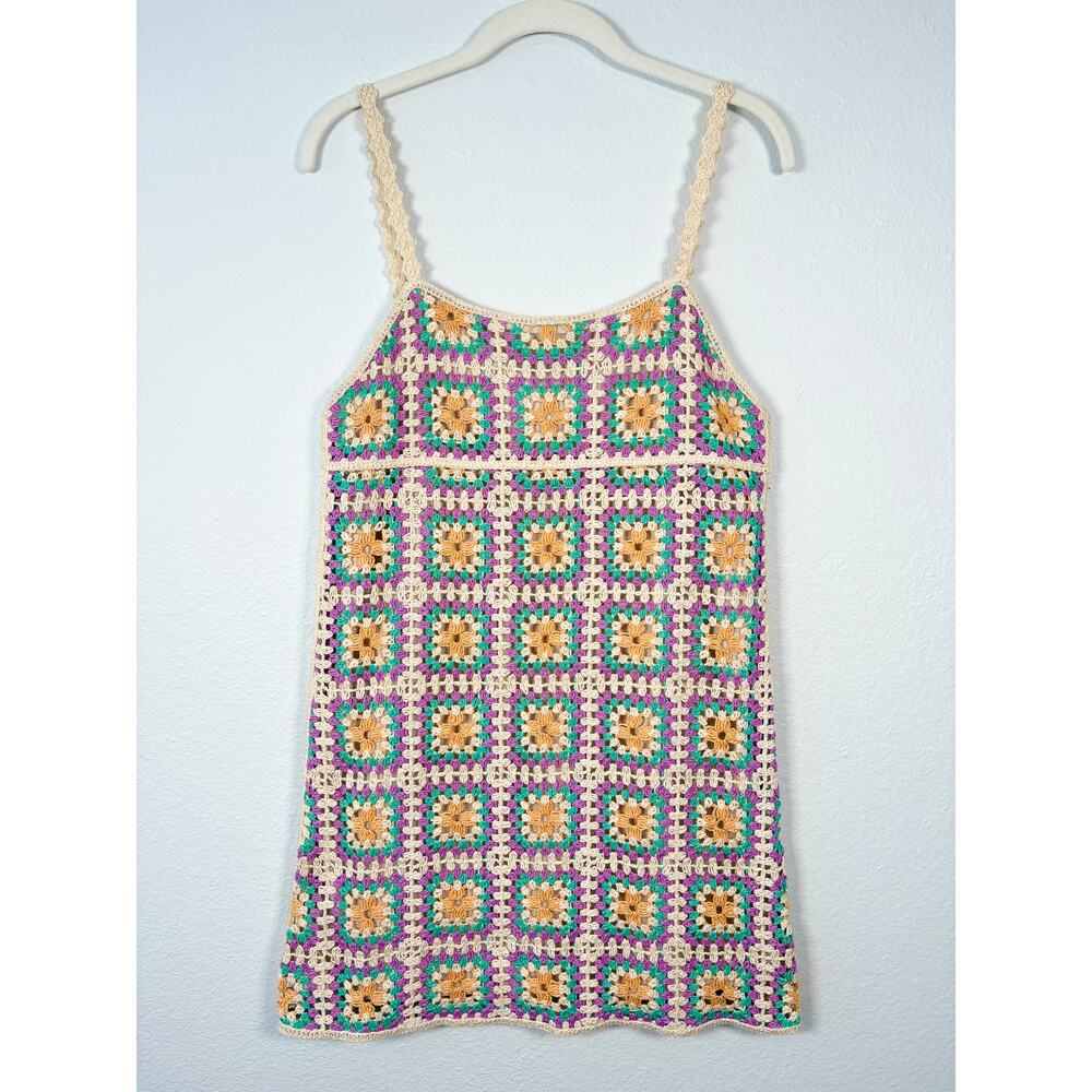 Zara Cream Boho Hippie Granny Square Crochet Knit Sleeveless Mini Dress